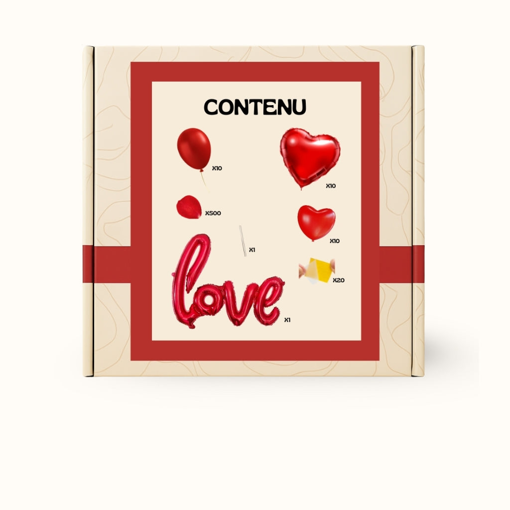 Contenu du coffret Boxe Deco : ballons, pétales et adhésifs — kit décoration romantique facile et rapide